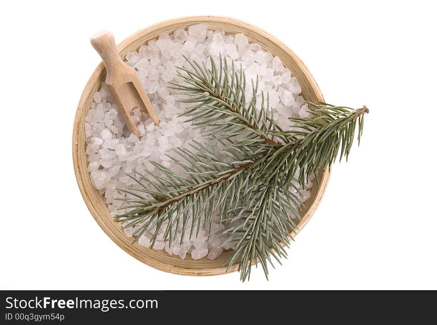 Pine bath items. sea salt with fresh branch isolated on the white background. Pine bath items. sea salt with fresh branch isolated on the white background