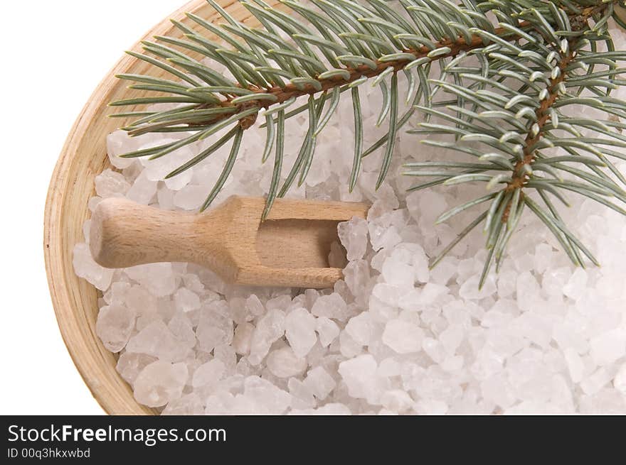 Pine bath items. sea salt with fresh branch isolated on the white background. Pine bath items. sea salt with fresh branch isolated on the white background