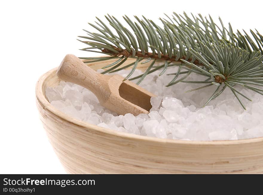 Pine bath items. sea salt with fresh branch isolated on the white background. Pine bath items. sea salt with fresh branch isolated on the white background