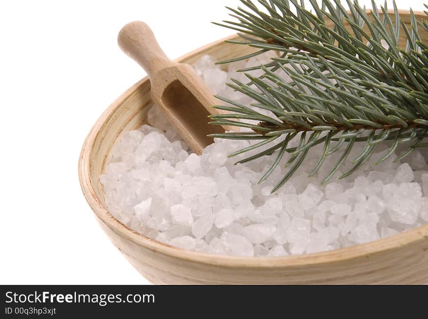 Pine bath items. sea salt with fresh branch isolated on the white background. Pine bath items. sea salt with fresh branch isolated on the white background