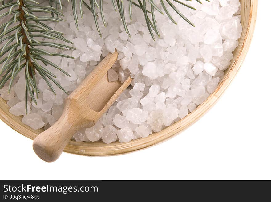 Pine bath items. sea salt with fresh branch isolated on the white background. Pine bath items. sea salt with fresh branch isolated on the white background