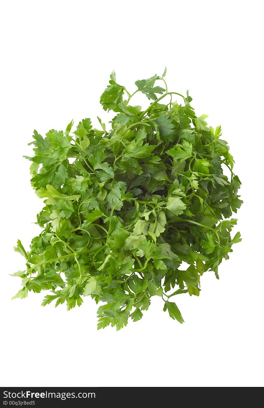 Bunch of green succulent parsley twigs, isolated on white. view from the top. Bunch of green succulent parsley twigs, isolated on white. view from the top.