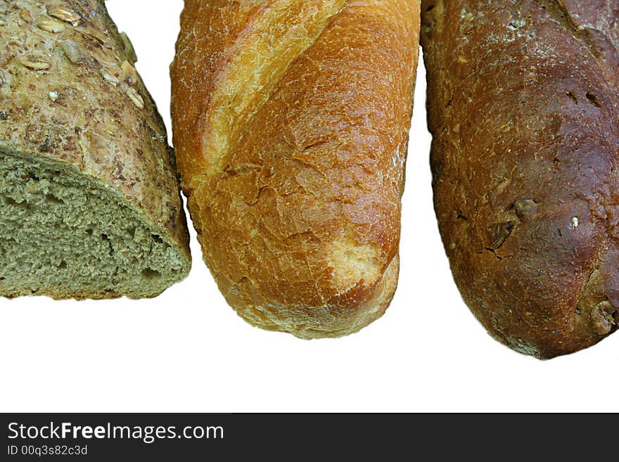 French bread, rye bread and multi cereal bread. French bread, rye bread and multi cereal bread