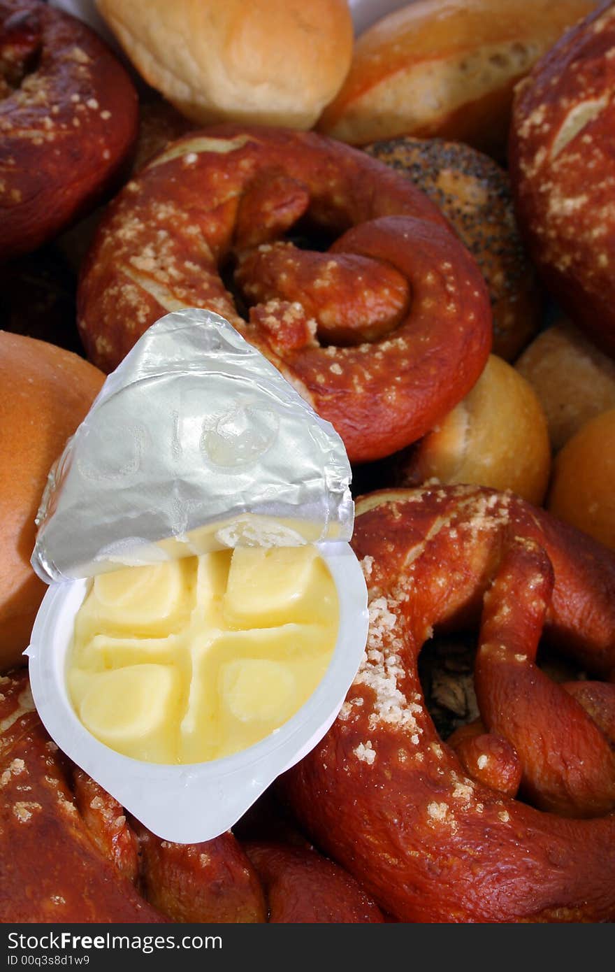 Photograph of butter portion and breads. Photograph of butter portion and breads