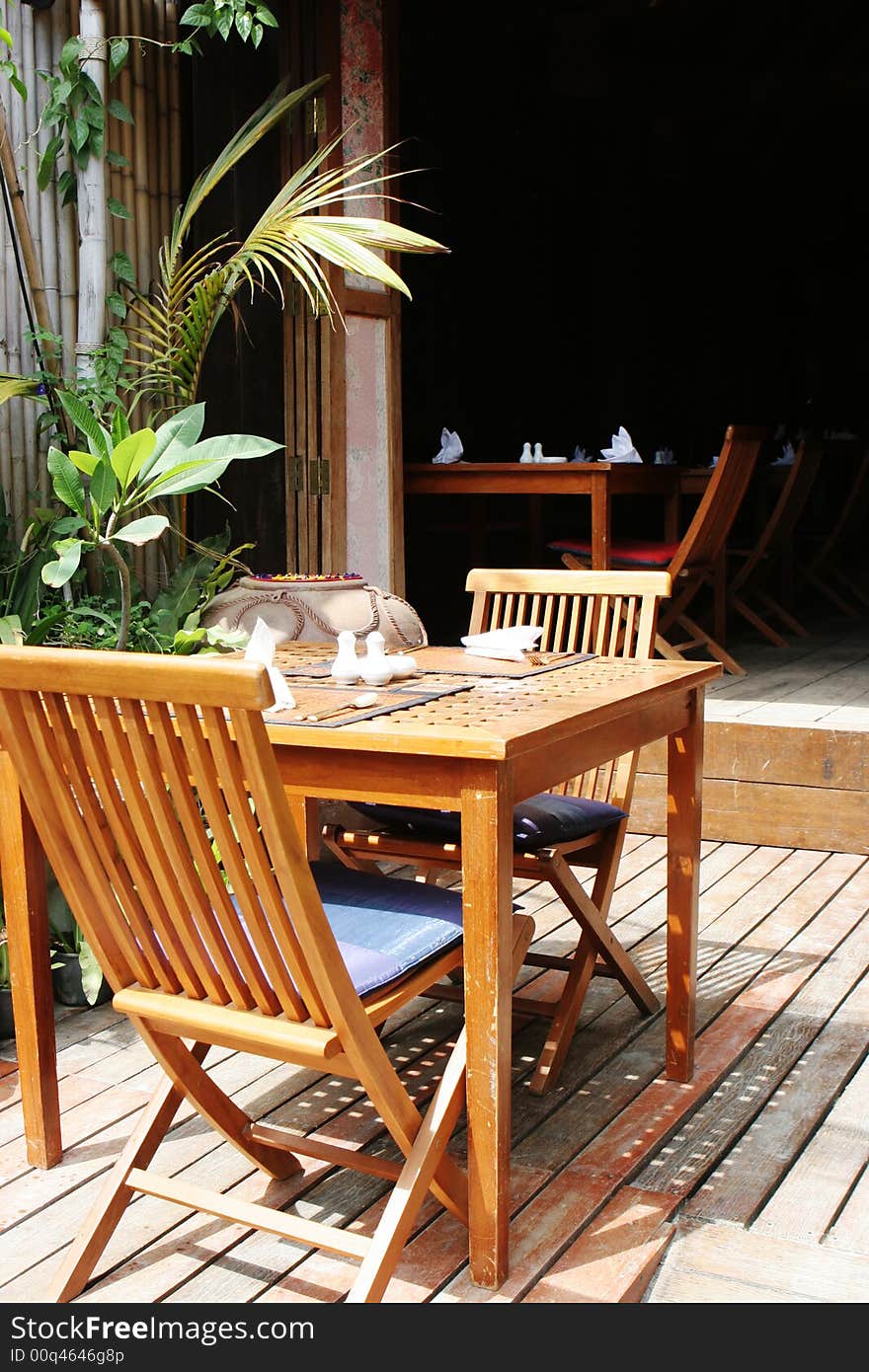 Table and chairs at a casual dining restaurant.