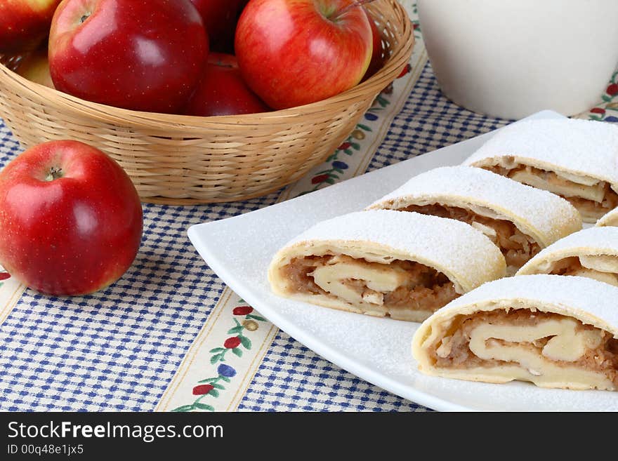 Still life with apple roll (strudel)