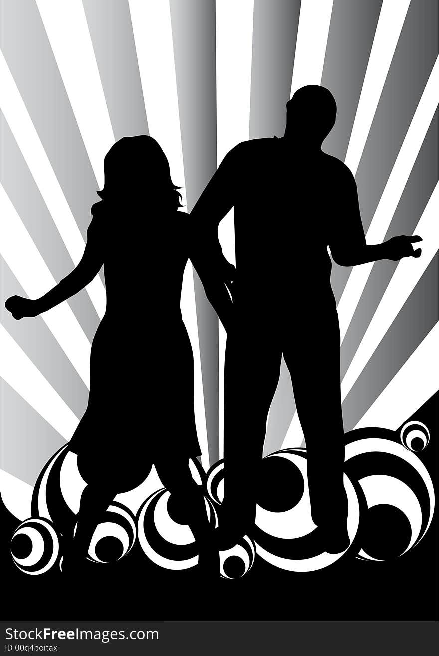 Female singer with man on black-white rings background