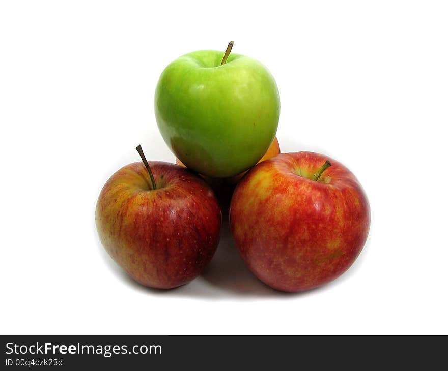 Three red apples and one green apple. Three red apples and one green apple.