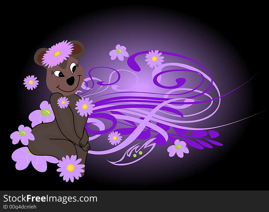 Bear with purple flowers on bl