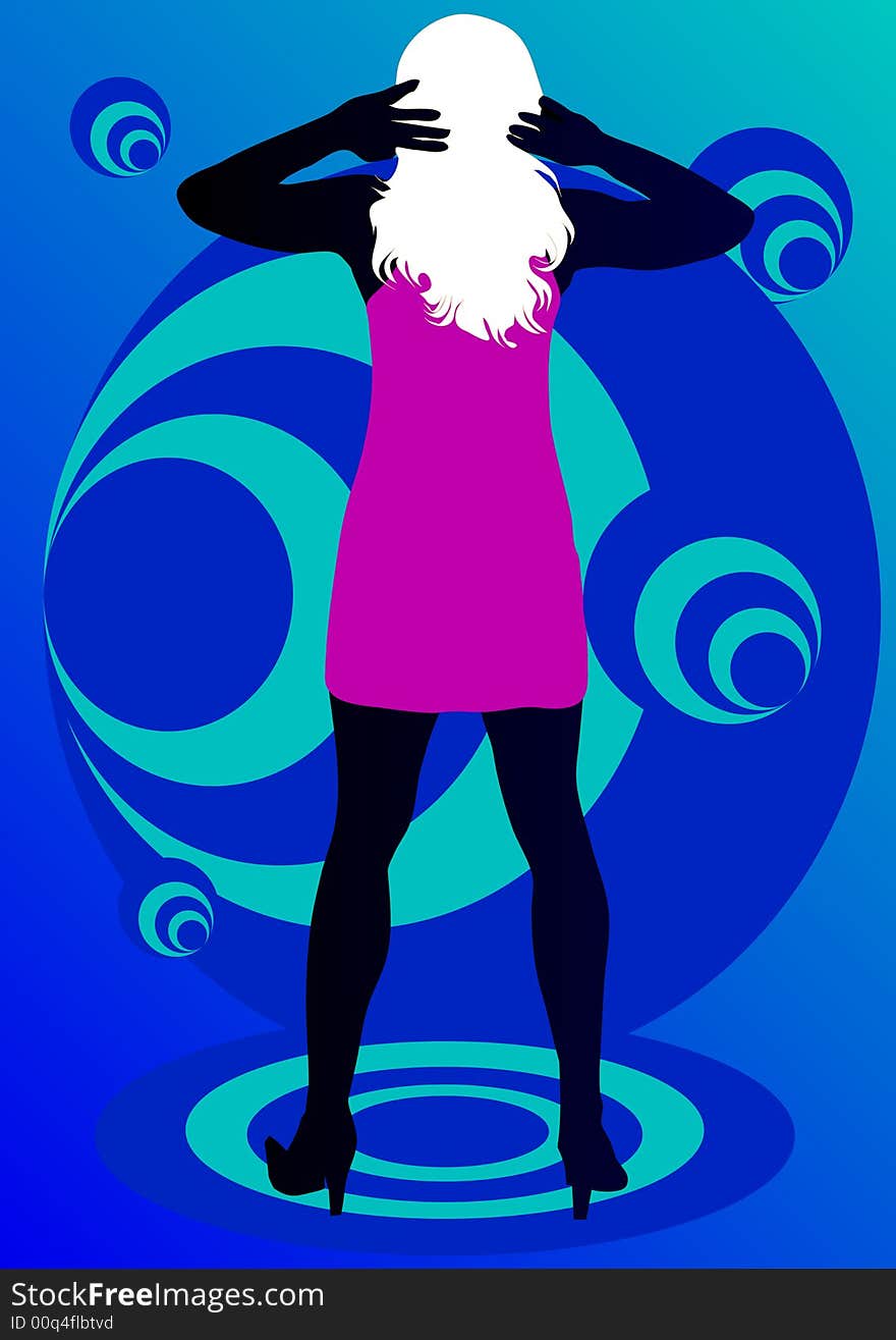 Girl in pink on blue background illustration