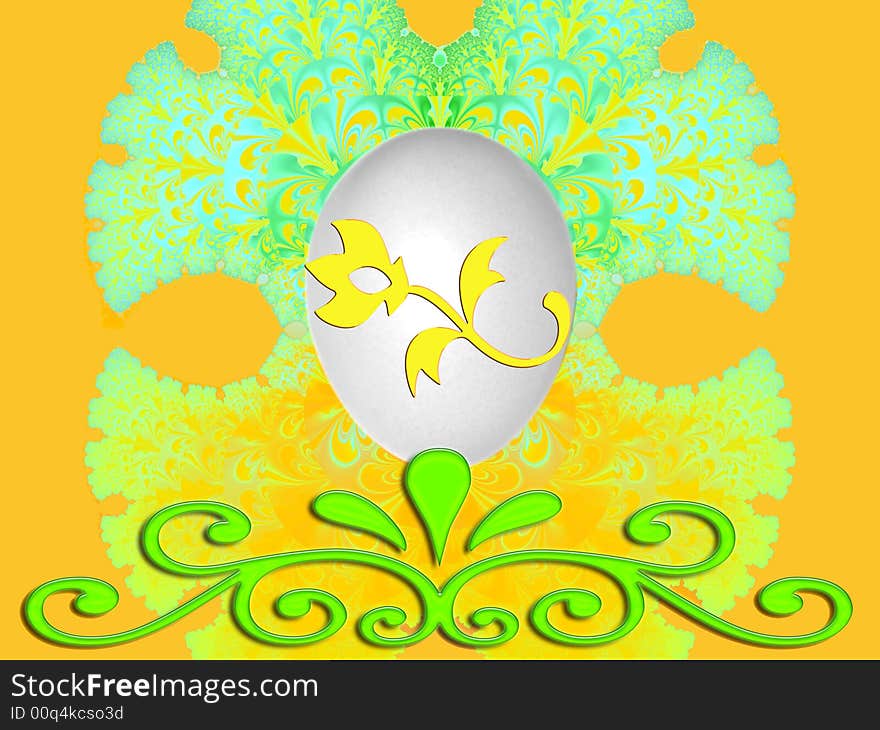 The big design has soft colors and beautiful patterns. The egg is decorated with a stylish flower. A green brench-like figure is carrying the egg. The big design has soft colors and beautiful patterns. The egg is decorated with a stylish flower. A green brench-like figure is carrying the egg.