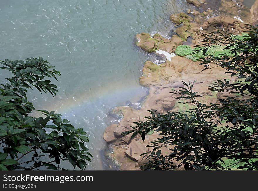 Huangguoshu Waterfall Vapor With Rainbow