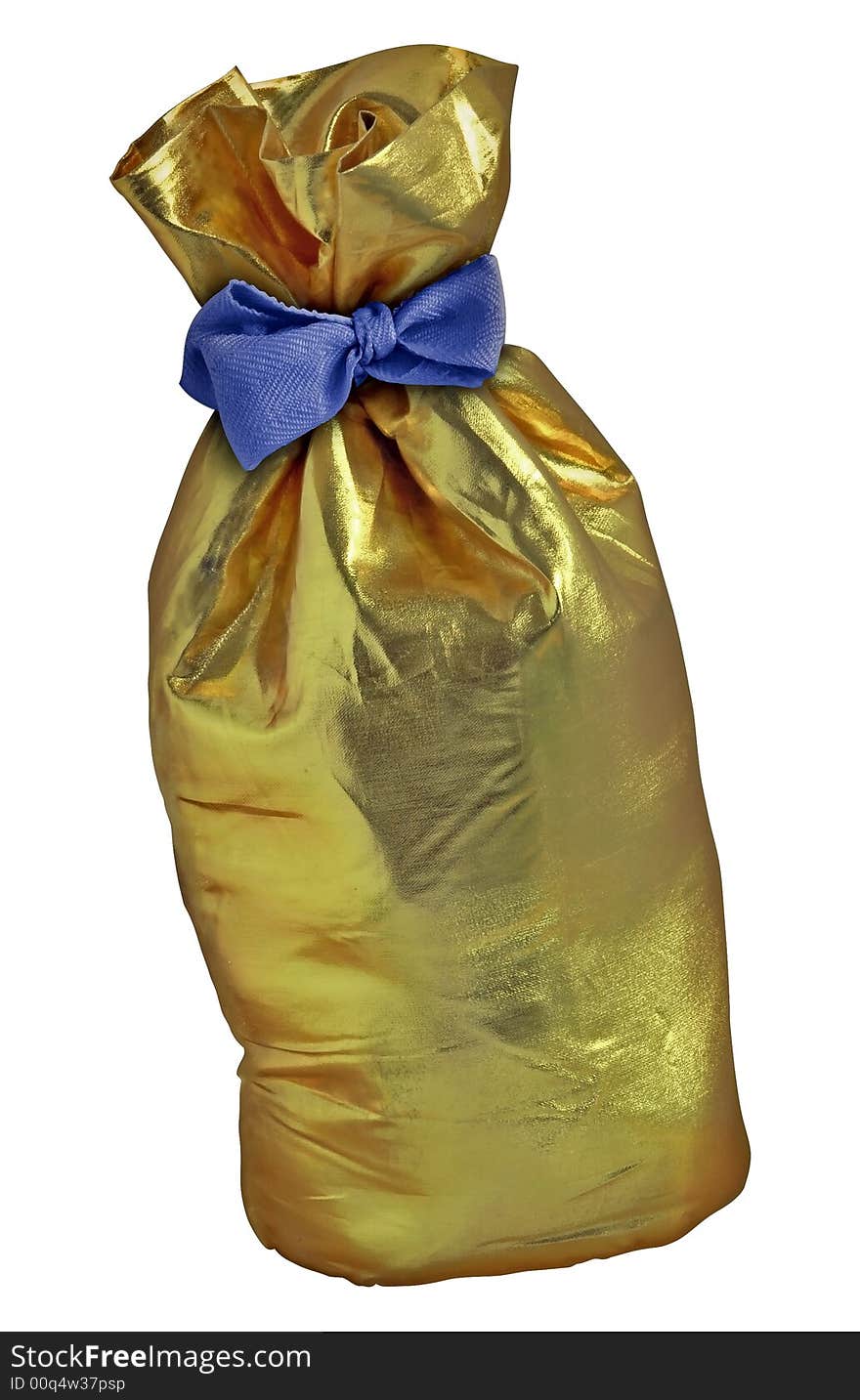 Gold sack filled with gifts. Blue ribbon. Isolatedon white. Gold sack filled with gifts. Blue ribbon. Isolatedon white.