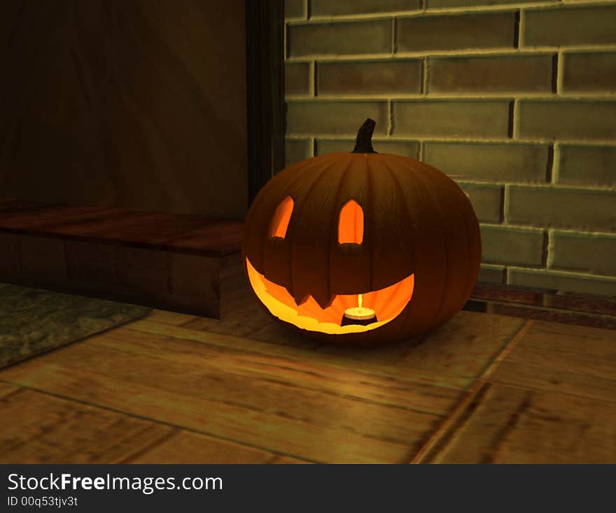 A 3D rendering of a grinning Jack-O-Lantern on a doorstep. A 3D rendering of a grinning Jack-O-Lantern on a doorstep.