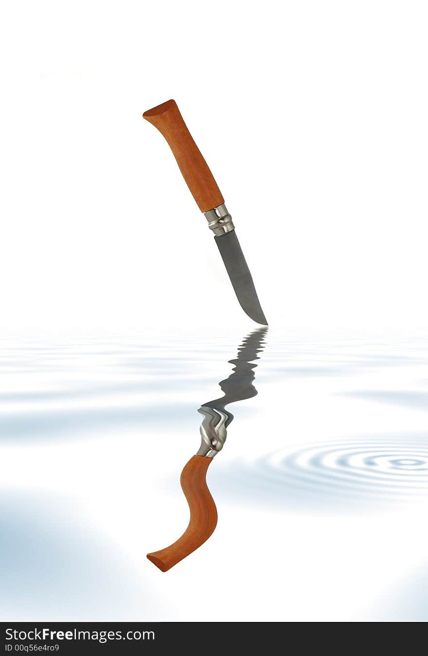 Abstract of a knife with a wooden handle reflected over dark blue water with ripples. Abstract of a knife with a wooden handle reflected over dark blue water with ripples.