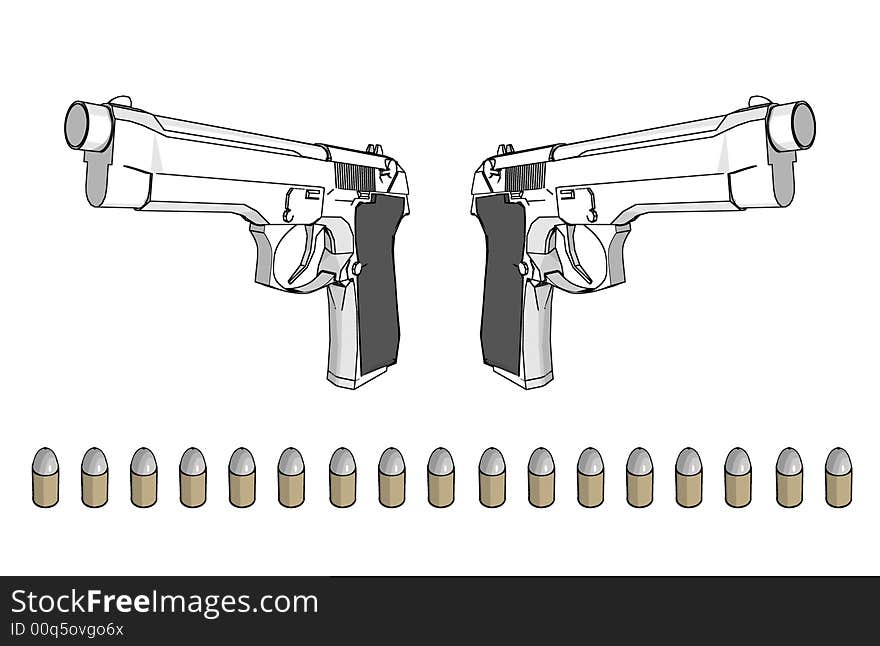 Guns with ammunition - 3d illustration on white background