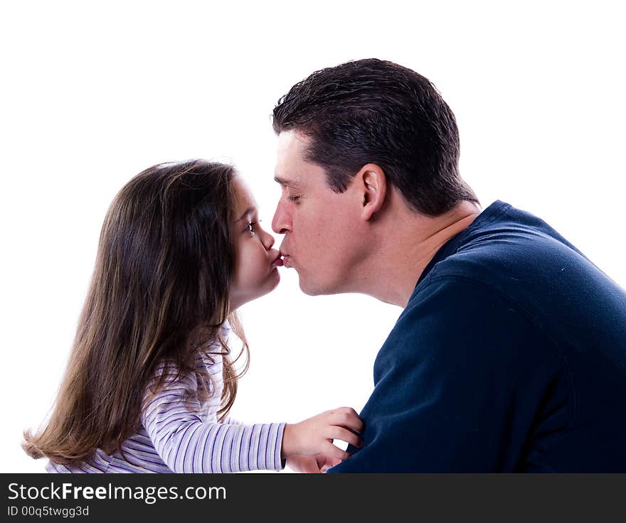 Father and daughter love and kiss on white. Father and daughter love and kiss on white