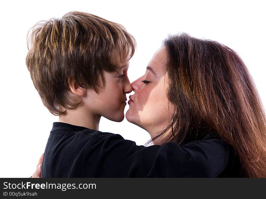 Mom and boy showing love on white