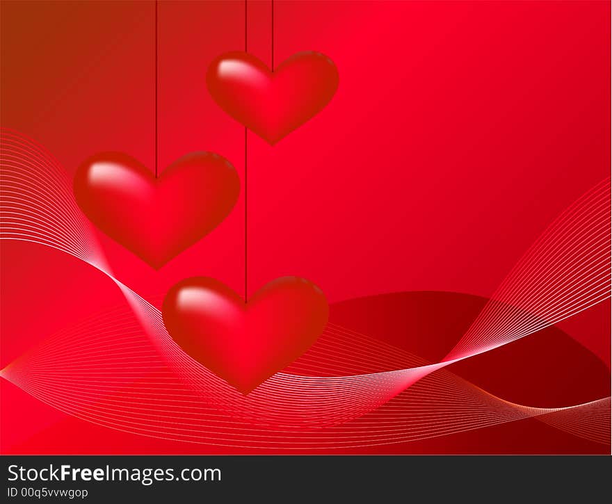 Abstract with three hearts and lines on red background. Abstract with three hearts and lines on red background