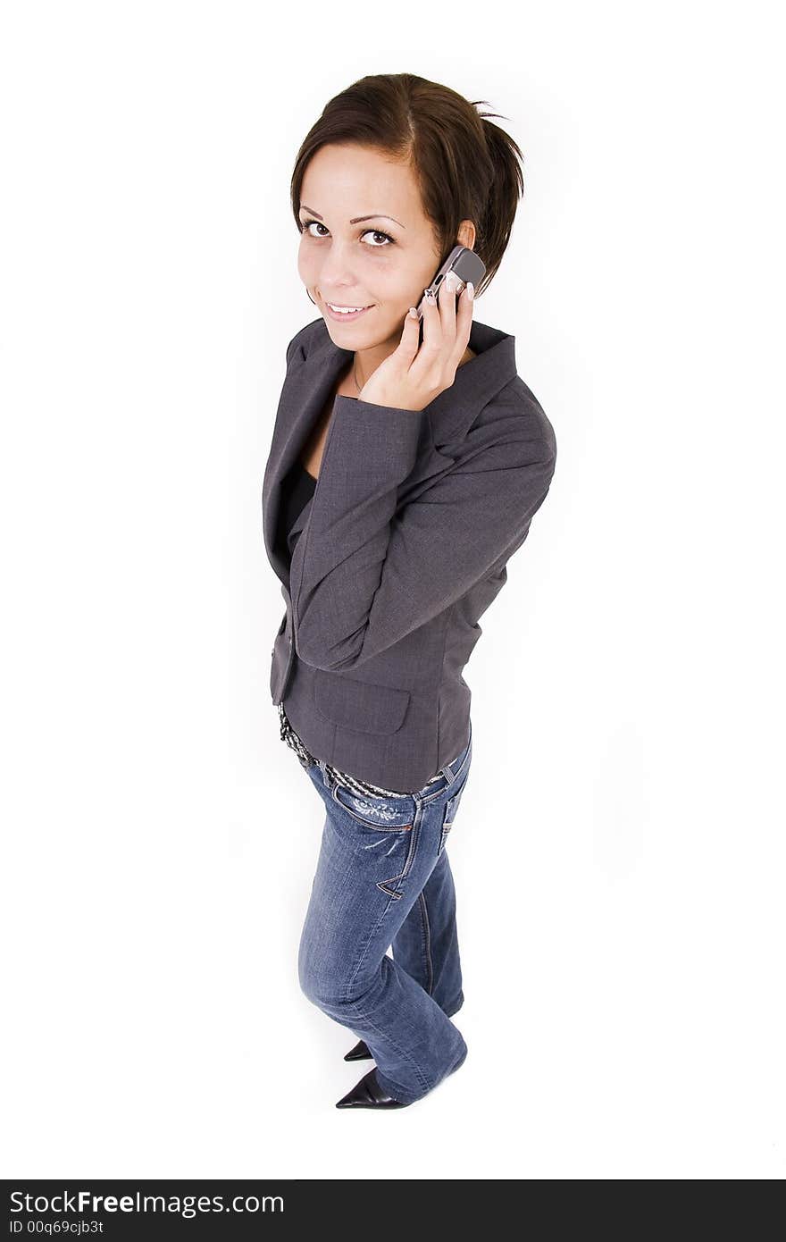 Girl on cell phone on white background