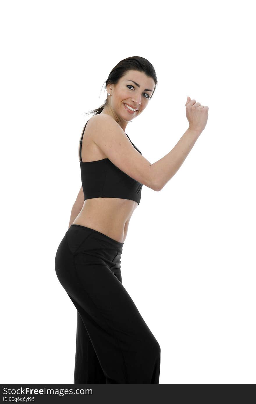 Woman practicing fitness  on  isolated background