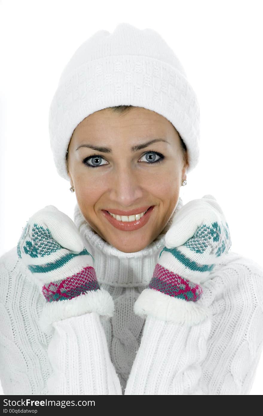 Beautiful woman in white sweater on insulated background