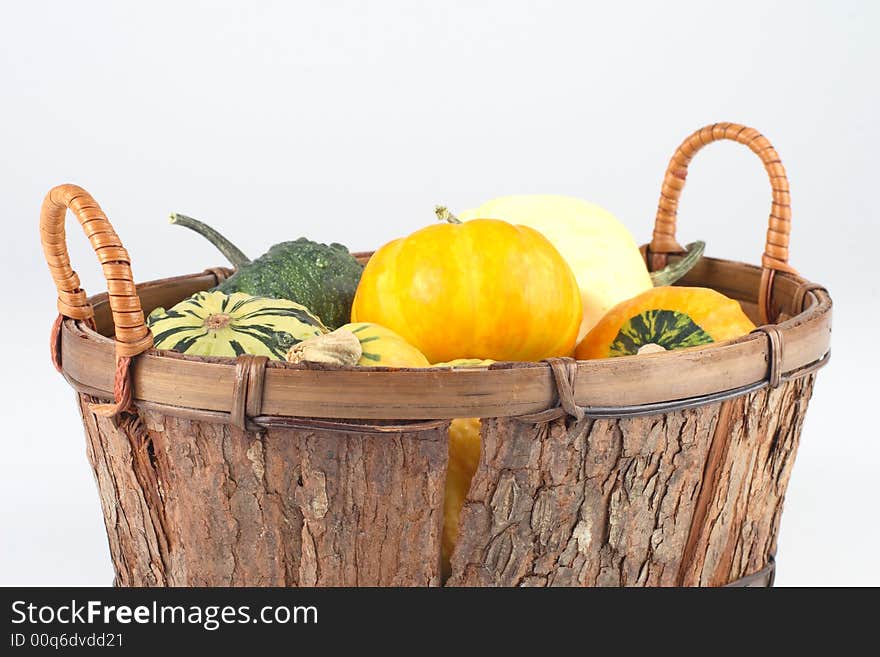 Mini pumpkins in a basket- yellow and green