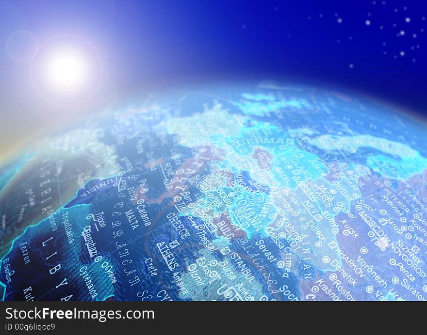 Globe map, central and south Europe