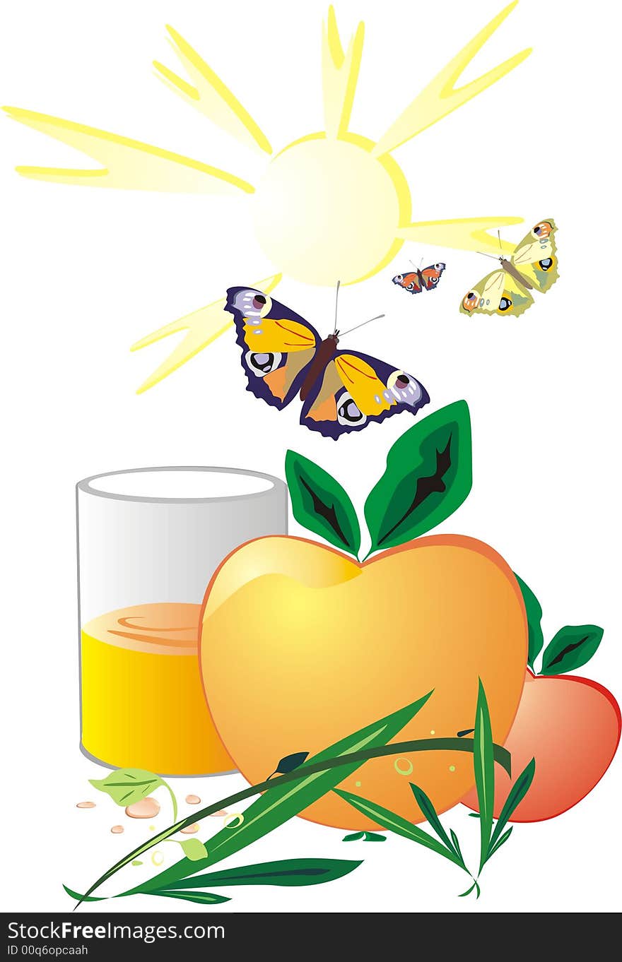 Apples, butterfly and glass of juice. Apples, butterfly and glass of juice.