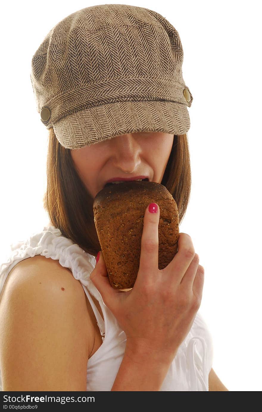 Country style girl bite piece of black bread. Country style girl bite piece of black bread