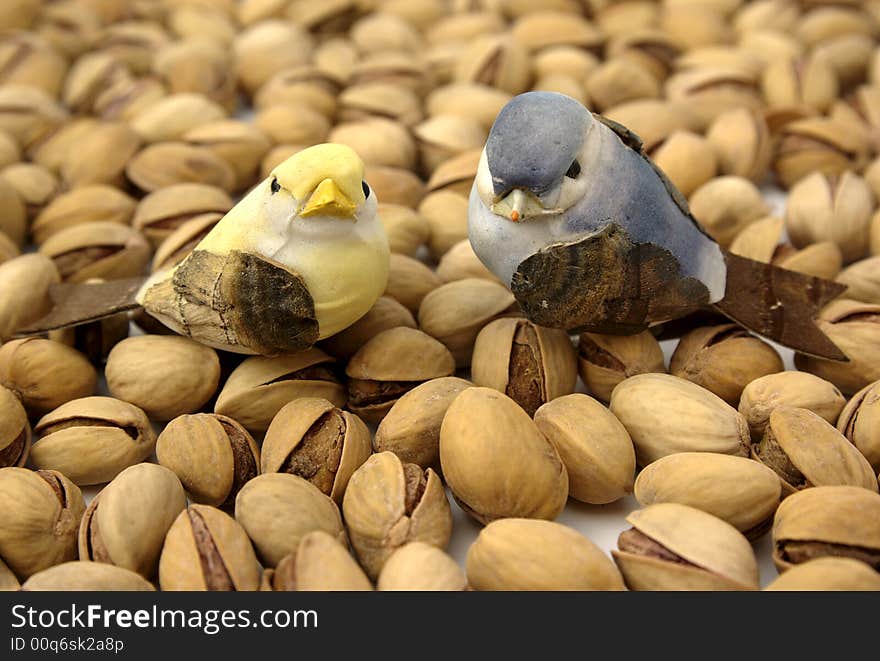 Two birds cork on background pistachios. Two birds cork on background pistachios