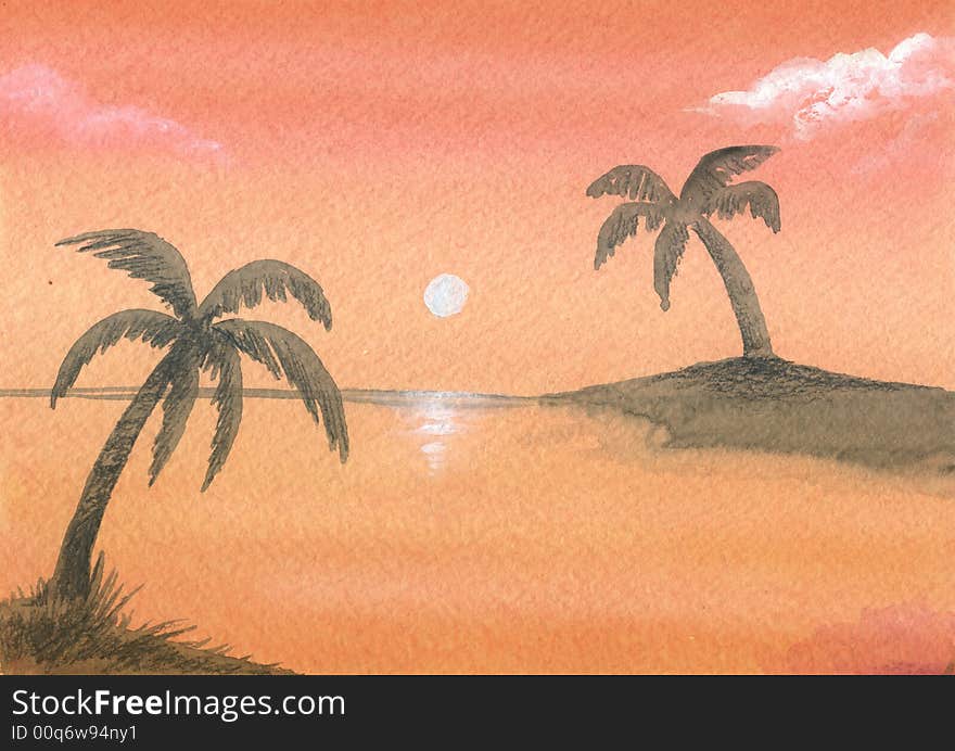 A hand-painted watercolor. Orange sunset with palms over the sea. A hand-painted watercolor. Orange sunset with palms over the sea.