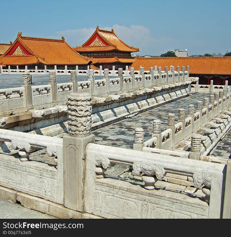 Stone balusters and buildings in Beijing Imperial Palace