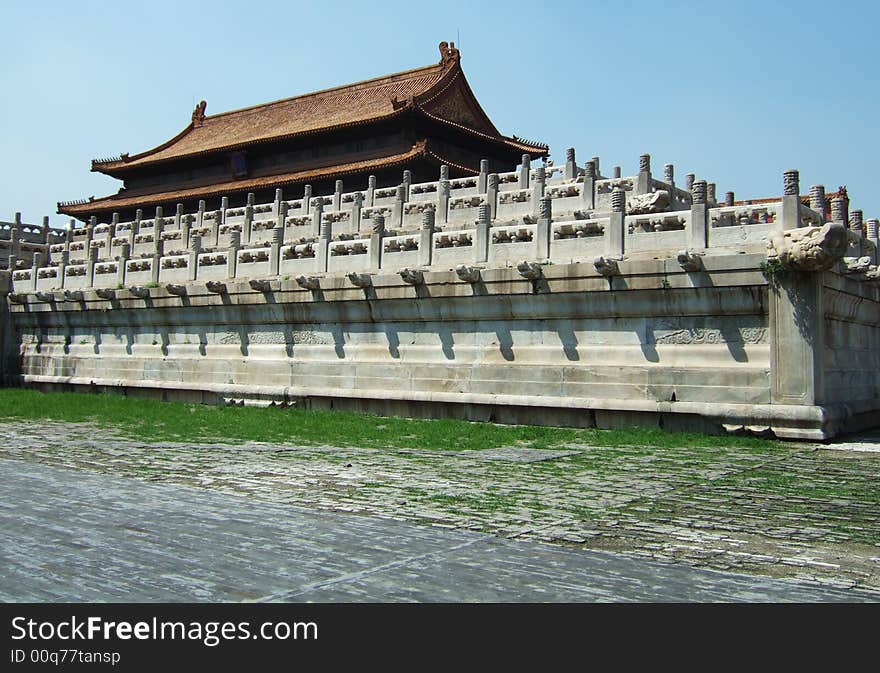 Stone balusters and buildings in Beijing Imperial Palace