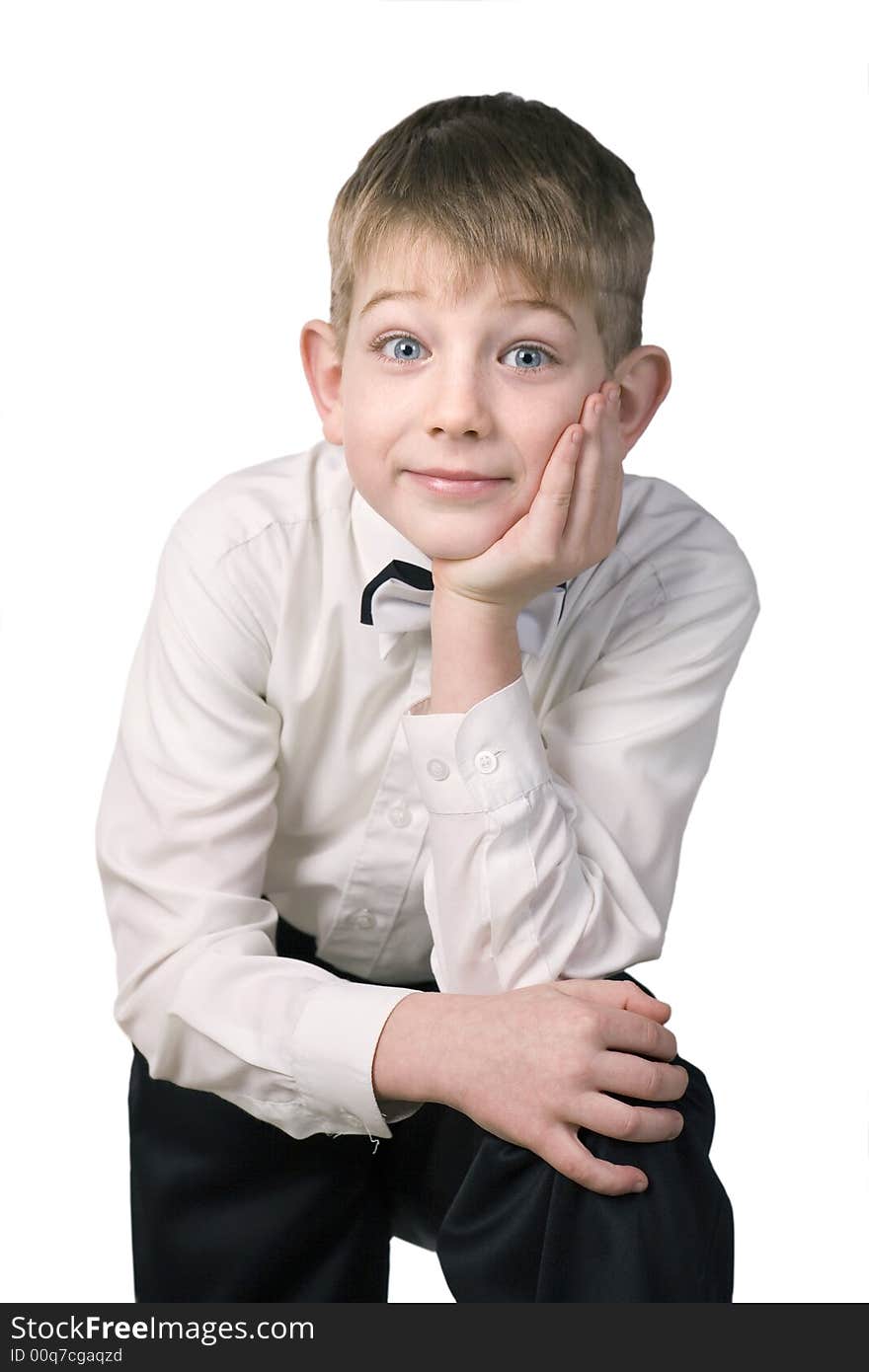 The boy in a business suit, on a white background