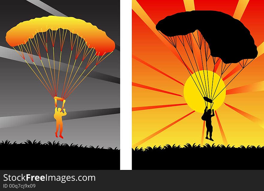 Illustration of parachutists on sunset