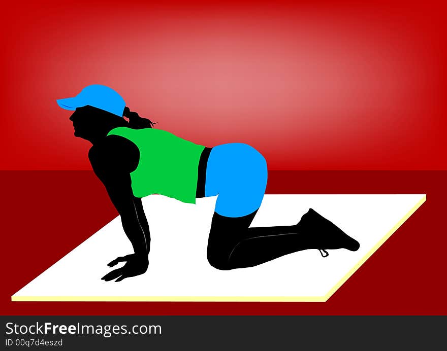 Young girl doing fitness on red background