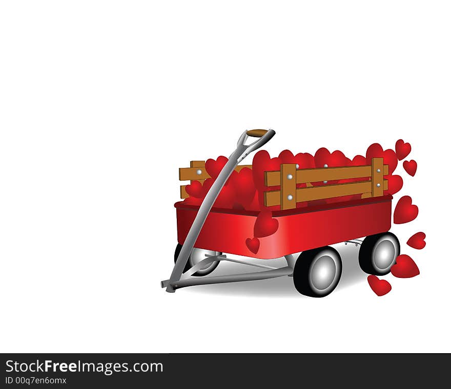 Red childs wagon filled with valentine hearts over white. Red childs wagon filled with valentine hearts over white