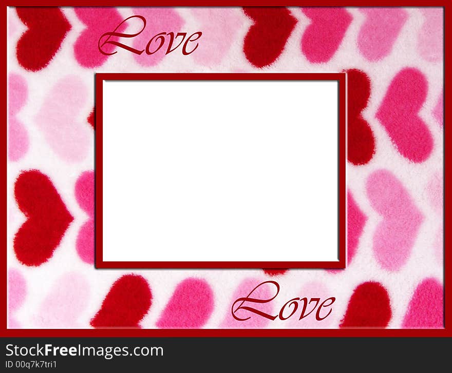 A digital picture frame with red borders on a fuzzy heart background with the words love on it. A digital picture frame with red borders on a fuzzy heart background with the words love on it.