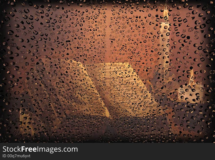 Hand made picture as background and thousands primitives as the cube in the foreground. Hand made picture as background and thousands primitives as the cube in the foreground