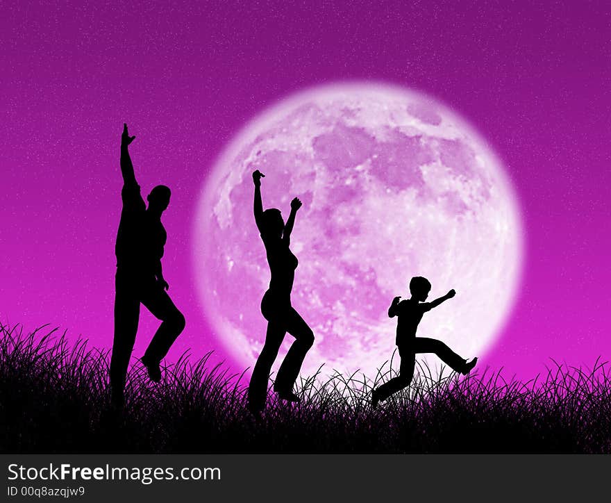 Happy family running and jumping in the moon. Happy family running and jumping in the moon