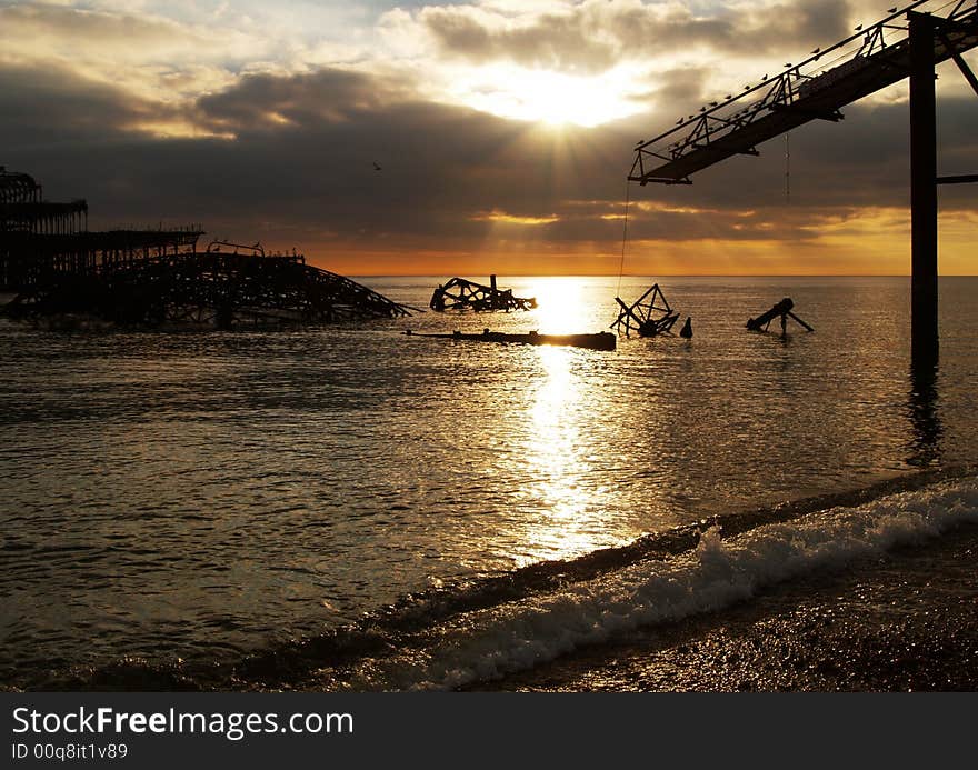 Brighton Pier wreck at Sunset