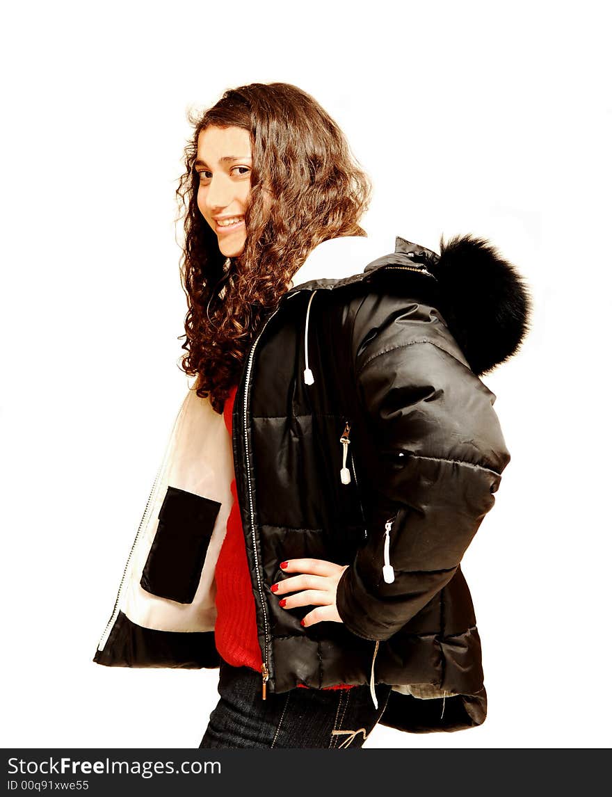 A young girl in jeans and red sweater with an winter coat on
for white background. A young girl in jeans and red sweater with an winter coat on
for white background.