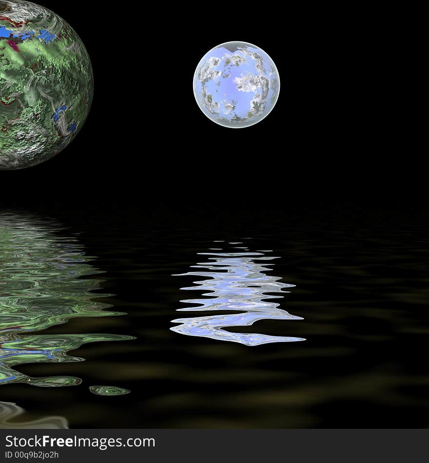 Two large planets reflecting over smooth waves on water. Two large planets reflecting over smooth waves on water