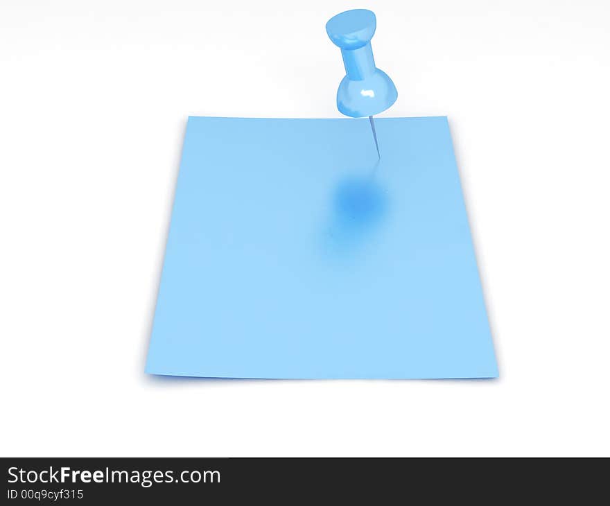 Clear sheet of paper of blue color attached pushpin to a white wall. Clear sheet of paper of blue color attached pushpin to a white wall