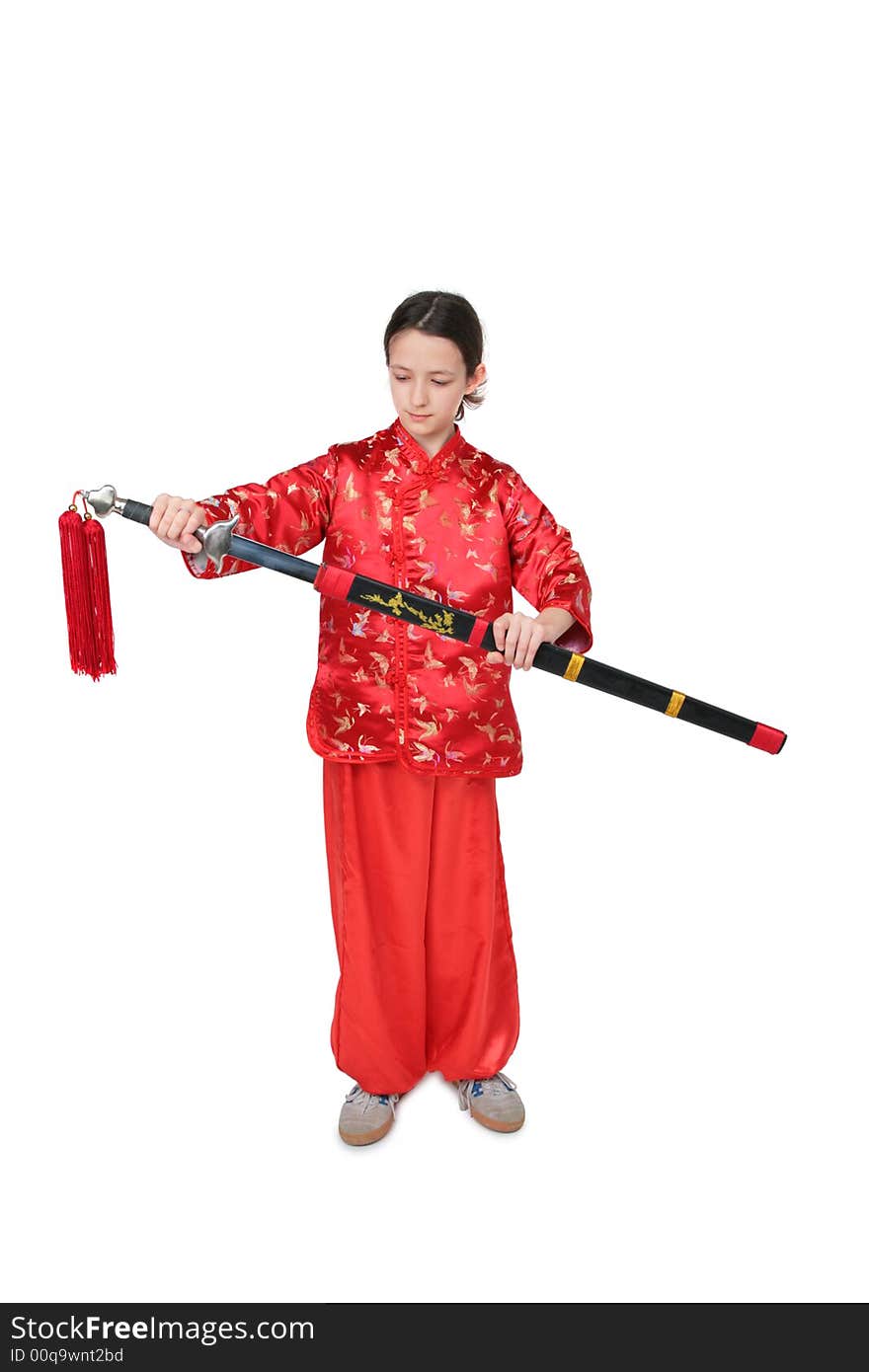 Kung fu girl with spear on white