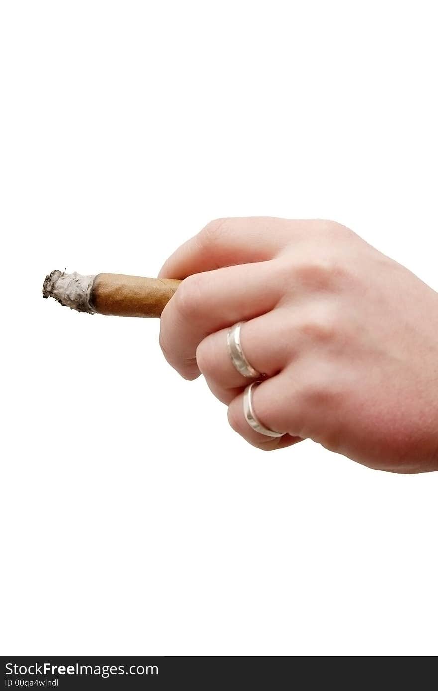 Hand holding a cigar smoking isolated over white