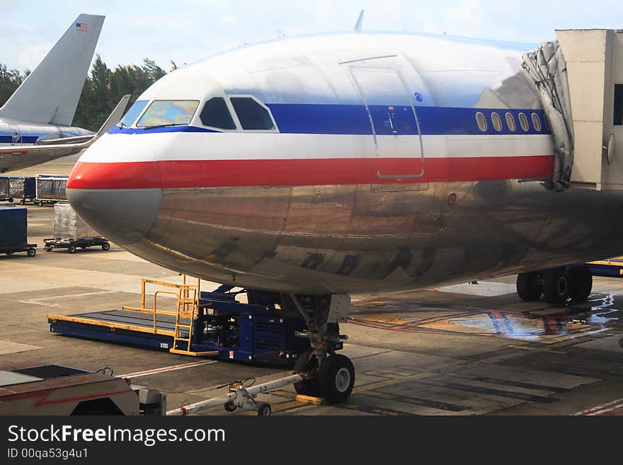 Airliner parked ready for boarding. Airliner parked ready for boarding