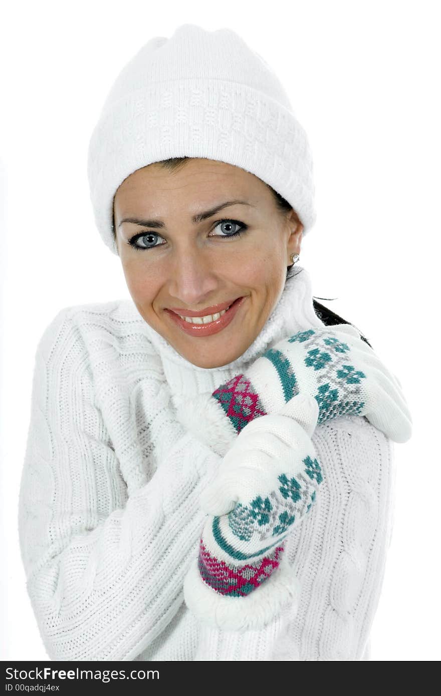 Beautiful woman in white sweater on insulated background