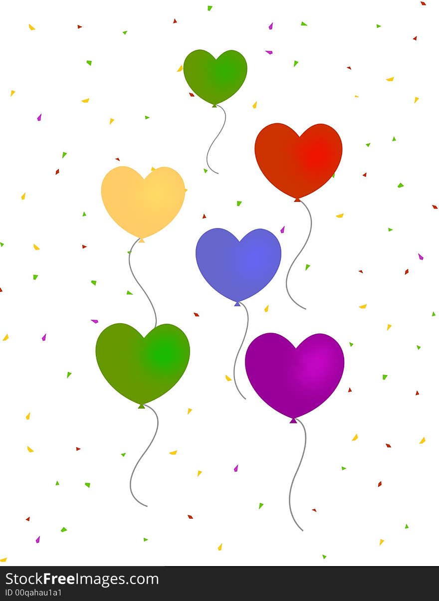 Colorful hearts balloons with falling confetti. Colorful hearts balloons with falling confetti